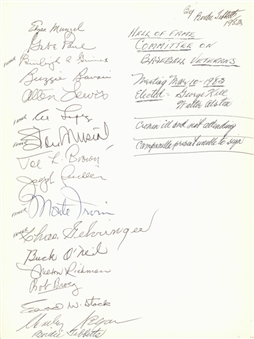 1983 Hall of Fame Committee on Baseball Veterans Multi Signed Sheet With 19 Signatures Including Musial, Grimes, Lopez & Irvin From Meeting on 3/10/1983 (Beckett)